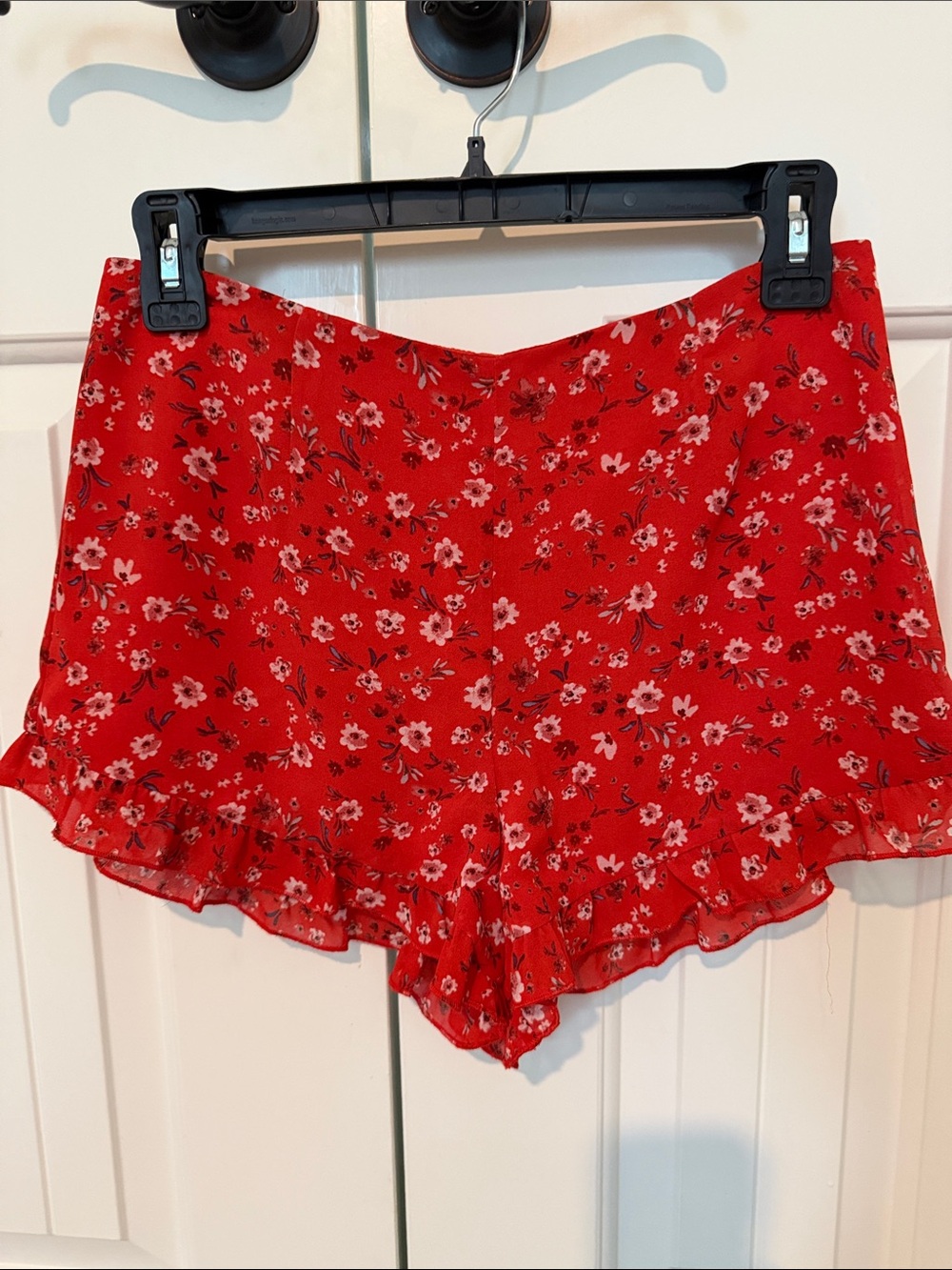 Tobi Red Floral Ruffle Hem High Waist Shorts